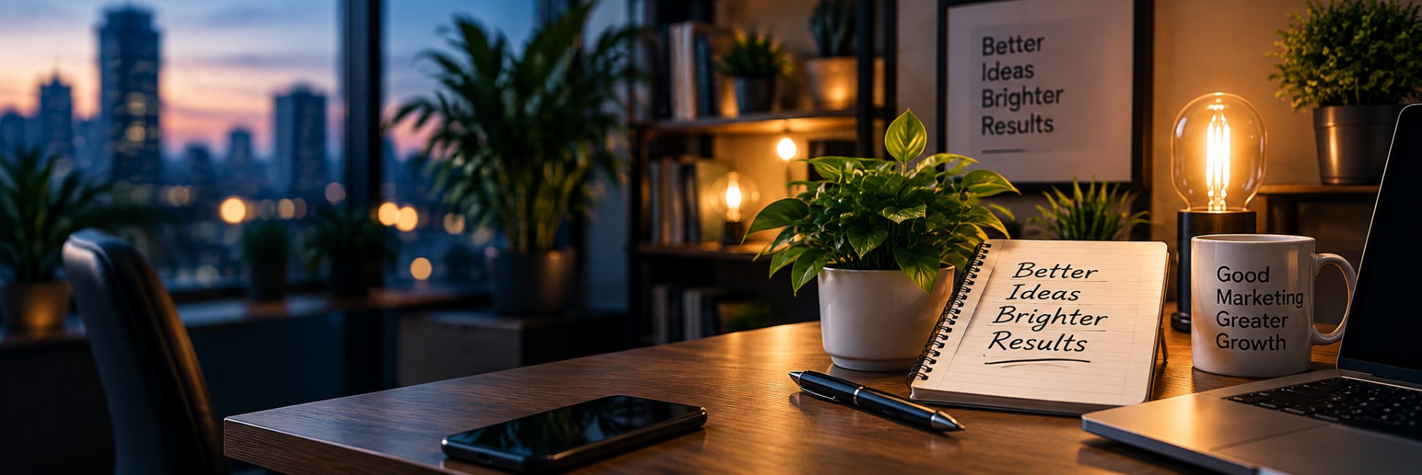 Marketing workspace with ideas and growth notes