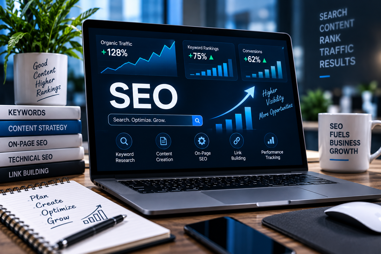 SEO analytics and search growth on a laptop